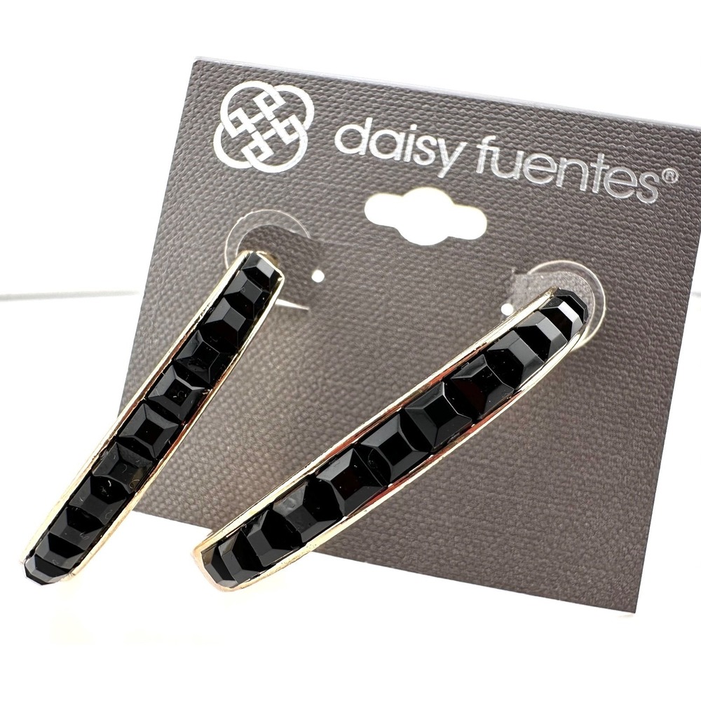 DAISY FUENTES Hoop Earrings Black Beaded & Gold Tone NWT